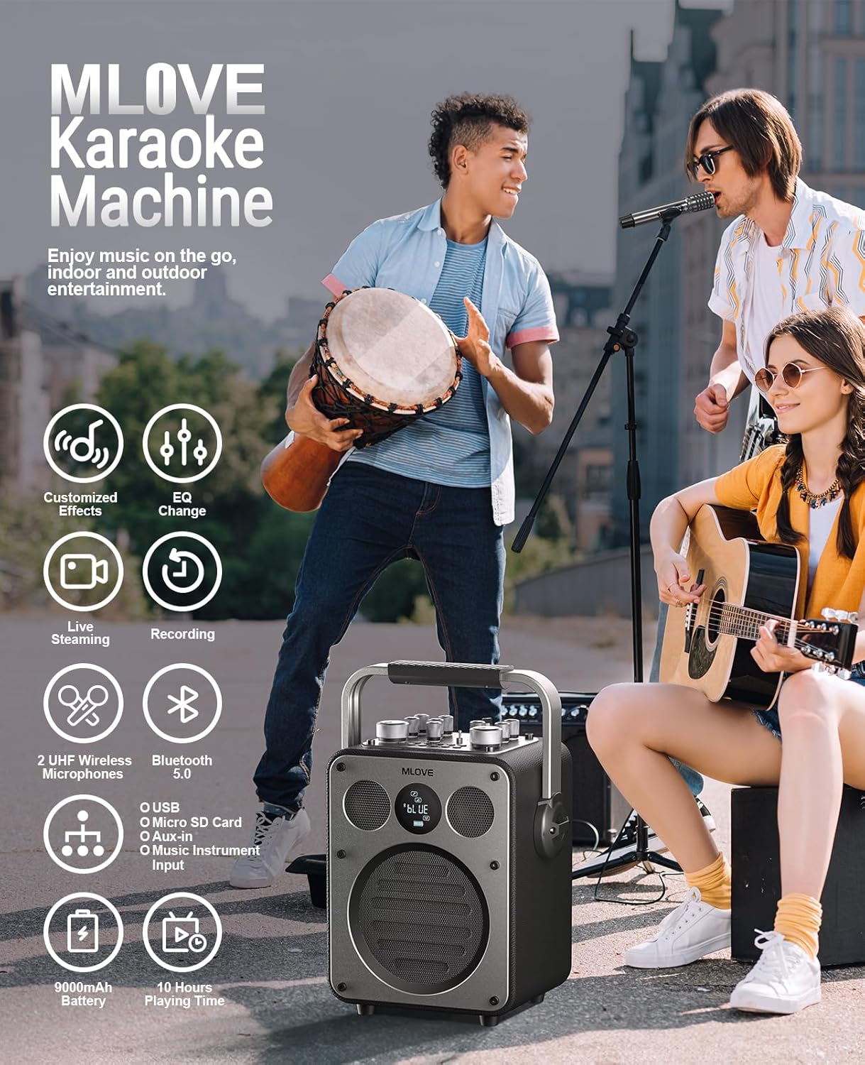 D5 Karaoke Machine with BT Wireless Microphone for Adults, Portable Karaoke Speaker with 2 Microphones, Recording, Instrument PA System for Home & Outdoor, 200W, Audio Rechargeable