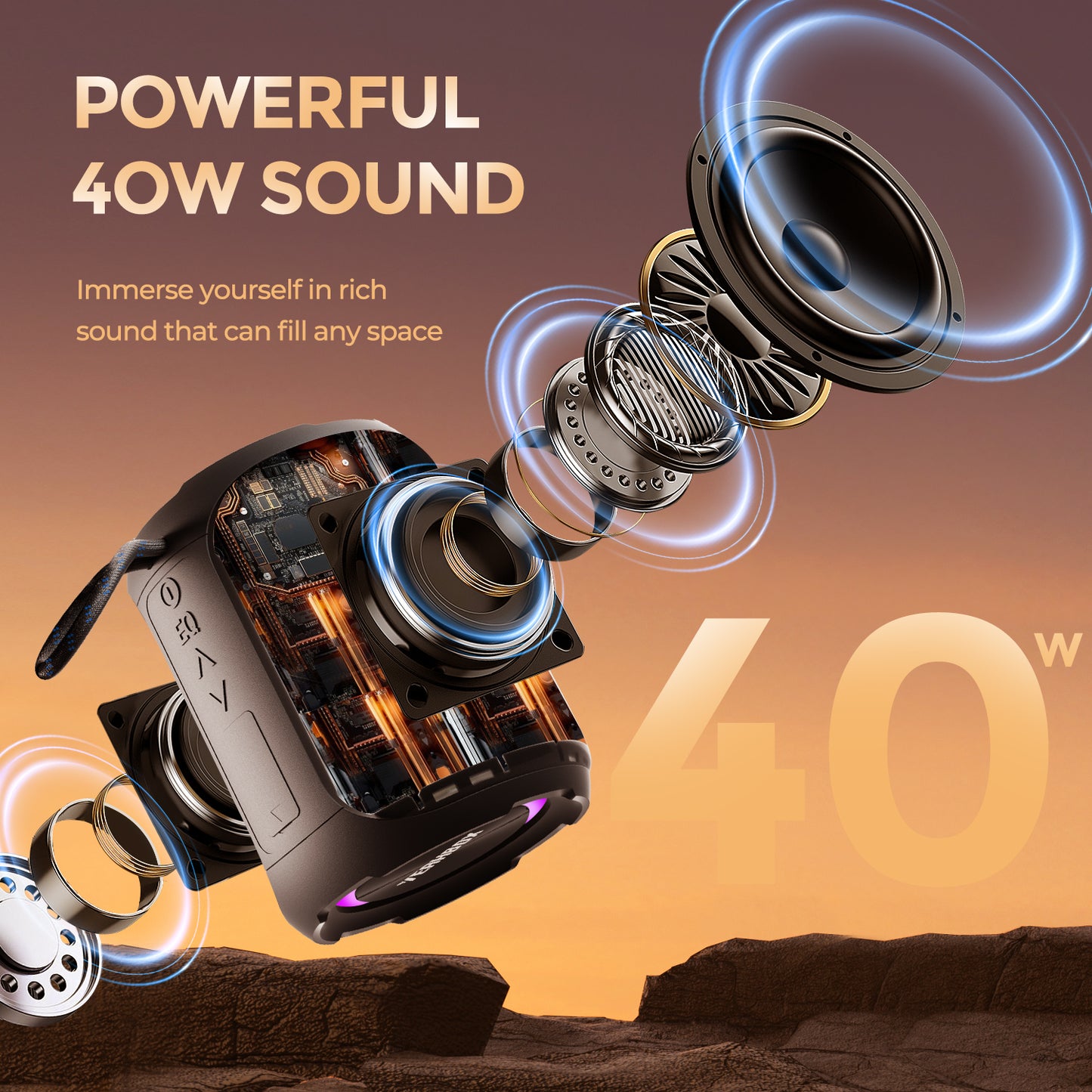 YEAHBOX Portable Speaker with Stereo Wireless, IPX7 Waterproof Speaker with 4-in 1 BT/Aux/TF-Card/U Disk Input, Wireless Speaker for Outdoor/Home/Party/Electronic Gadgets